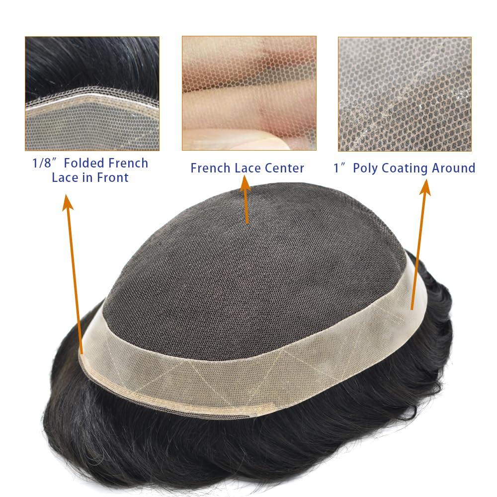 Generic Generic Lace Hair Replacement System For Mens Toupee Hair Pieces Man Hair Systems Mens Toupee 100% Real Human Hair Protesis Capilar Para Hombre 6X9#1 Jet Black 120% Density
