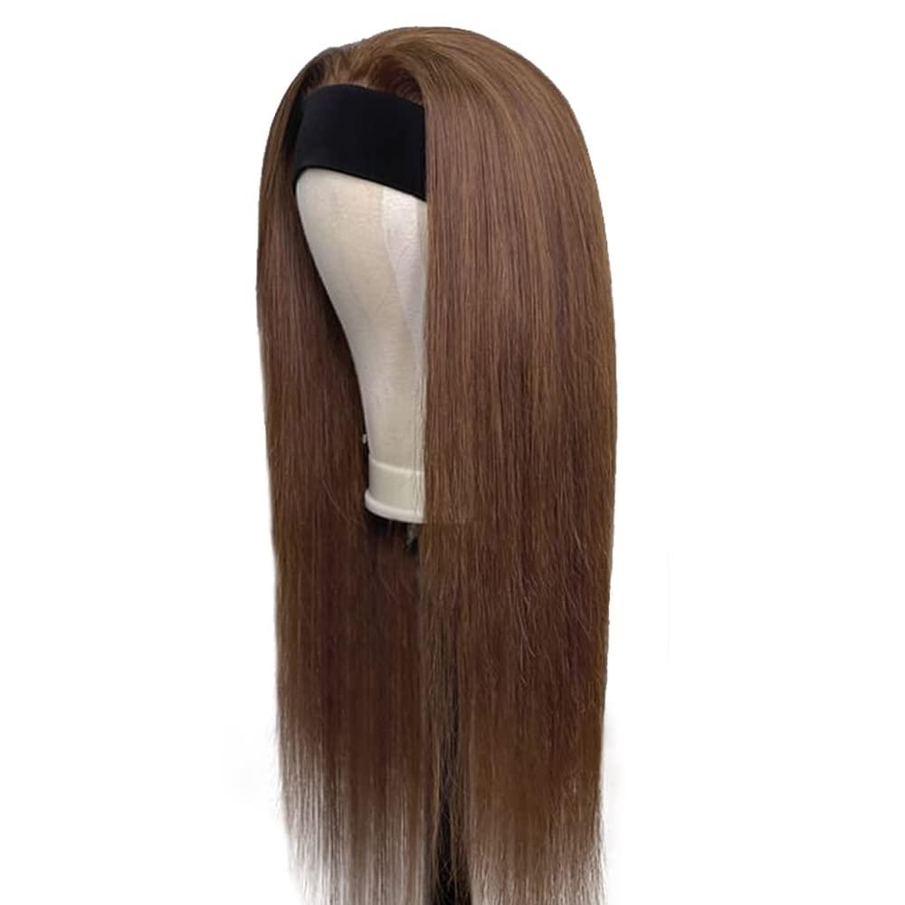 YiweYowe #4 Chocolate Brown Headband Wig Human Hair Machine Made Headband Wig Grade 8A Glueless Brazilian Remy Human Hair Wavy Wig 150% Density No Lace Wig 28 Inch #4 Straight Brown Wave Wig Human Hair