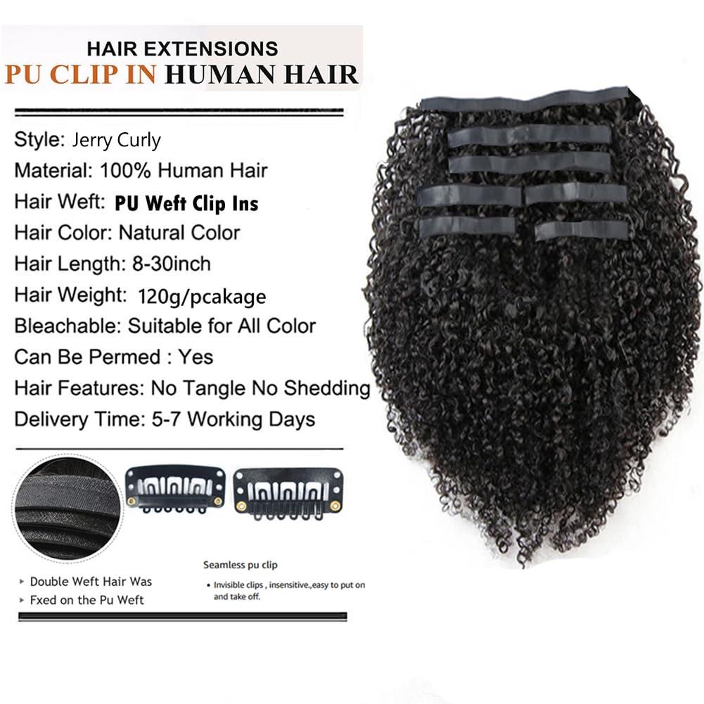 Kiss darling LASHES Seamless PU Clip in Human Hair Extensions for Women,Jerry Curly Human Hair Invisible Clip in Extensions PU Skin Weft Curly Clip Ins Hair Piece 18\"inch 120g