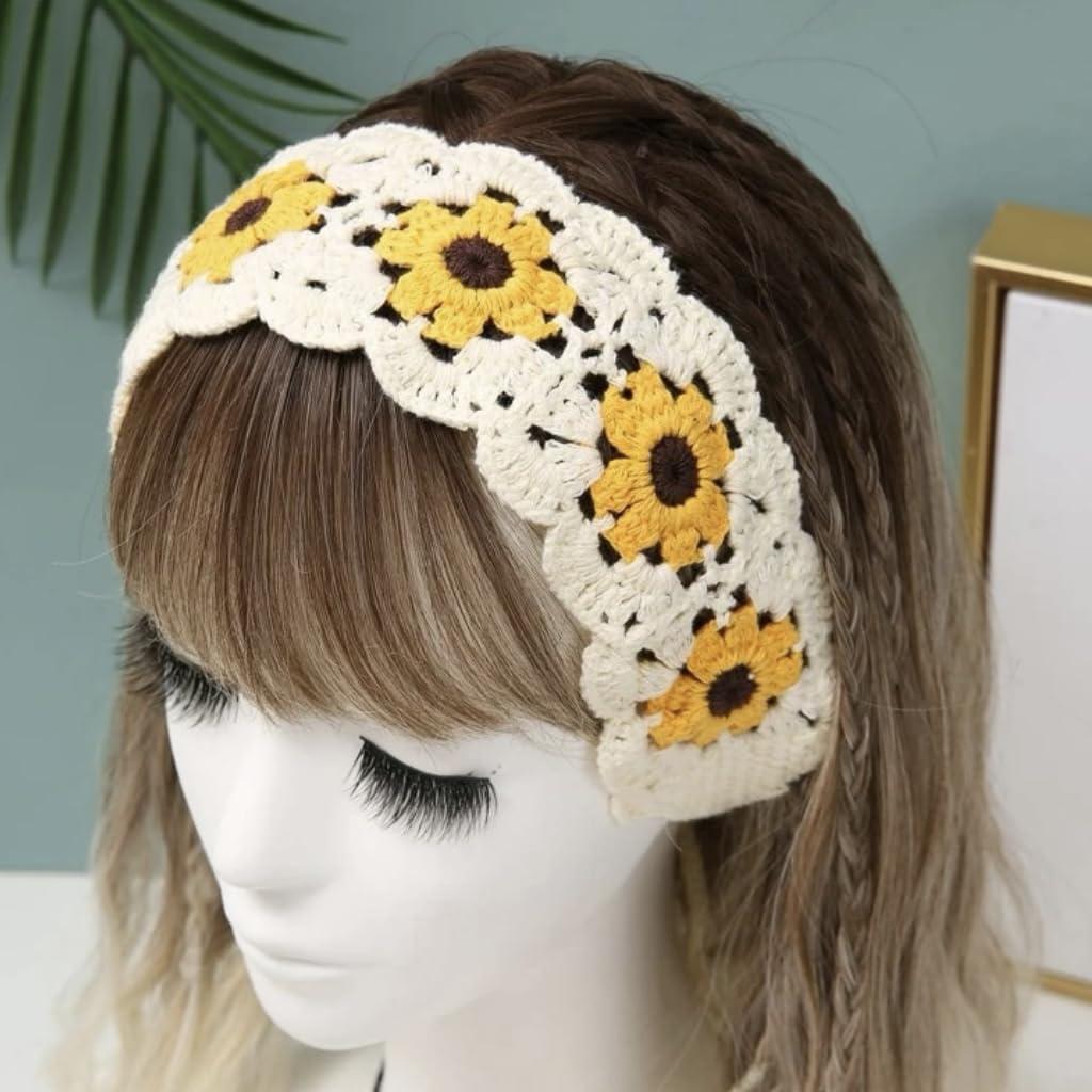 ClawsandPaws ClawsandPaws Daisy Crochet Headbands Hairbands, Hair Scarf, Knitted Floral Hair Accessories for Festival/Holiday, Cottagecore Aesthetic (Beige with Yellow Flower)