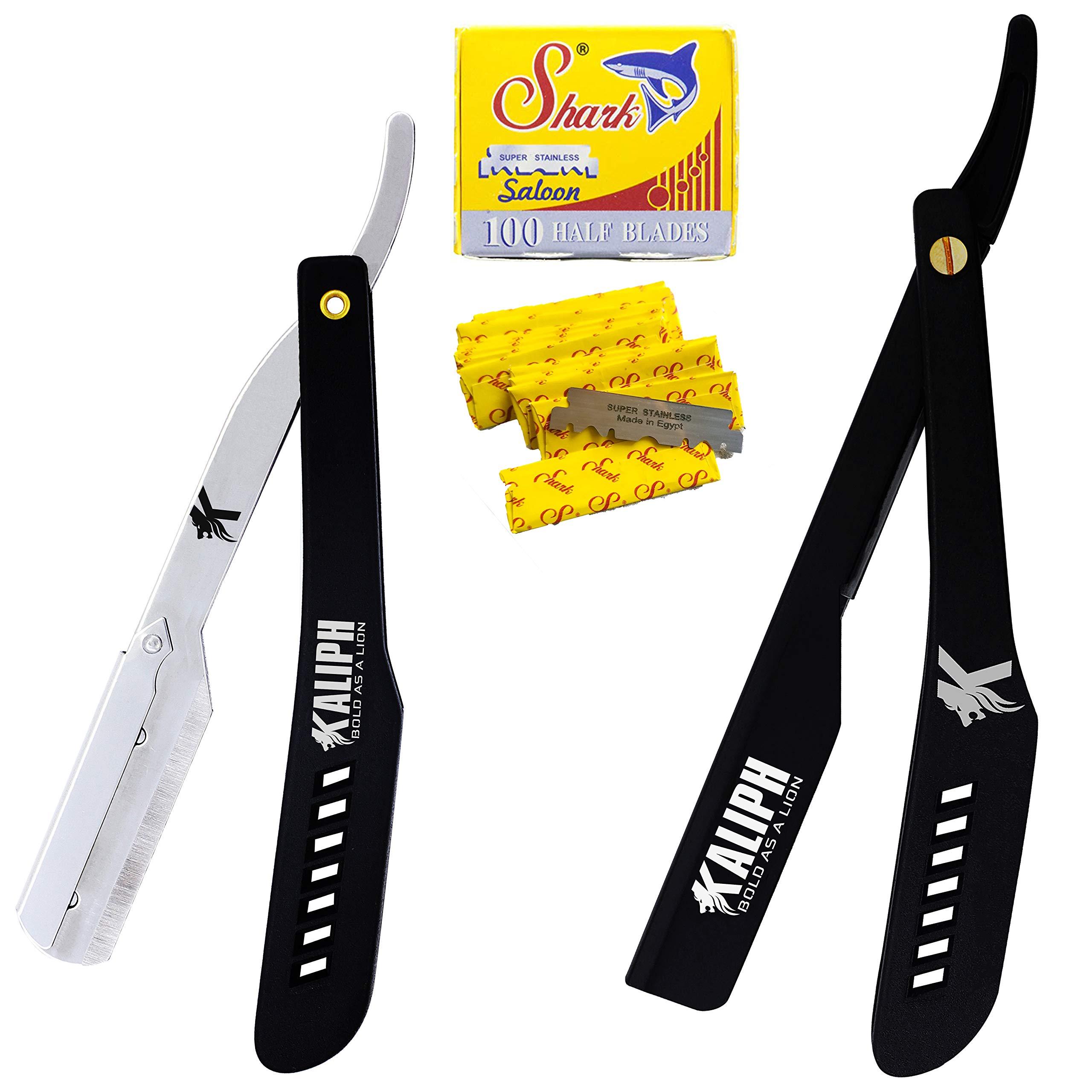 KALIPH Kaliph Professional Straight Razor For Men - Premium Pack of 2 Straight Edge Barber Razor With 100 Blades - Smooth Shaving Men's Manual Cut Throat Shaver Safety Kit (Black)