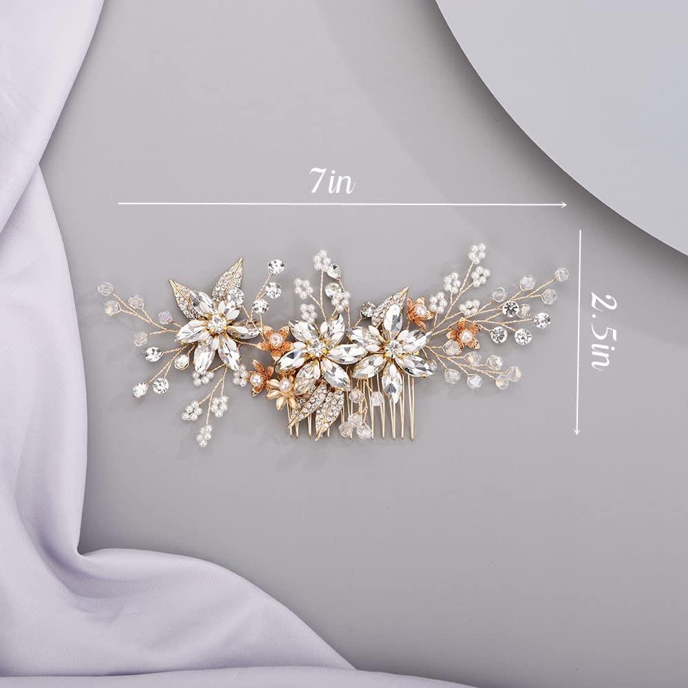Chargances Chargances Wedding Crystal Flower Hair Comb for Women Bridal Pearl Beaded Hair Side Comb Fashion Leaf Flower Hair Vine Comb Rhinesotne Headpieces Bride Wedding Prom Flower Girl Hair Accessories