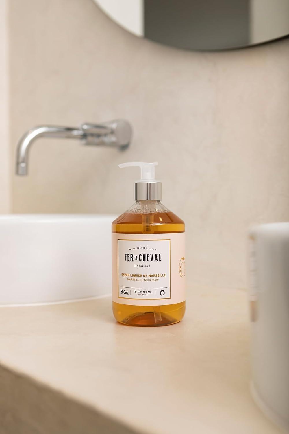 Fer a Cheval Fer Cheval Luxurious Tender Rose Gift Set | Pure Olive Oil Soap 100g/3.53oz, French Hand Cream 30ml/1.01Fl Oz, Moisturizing Bar Soap 125g/4.41oz, Liquid Marseille Soap 500ml/16.9 Fl Oz