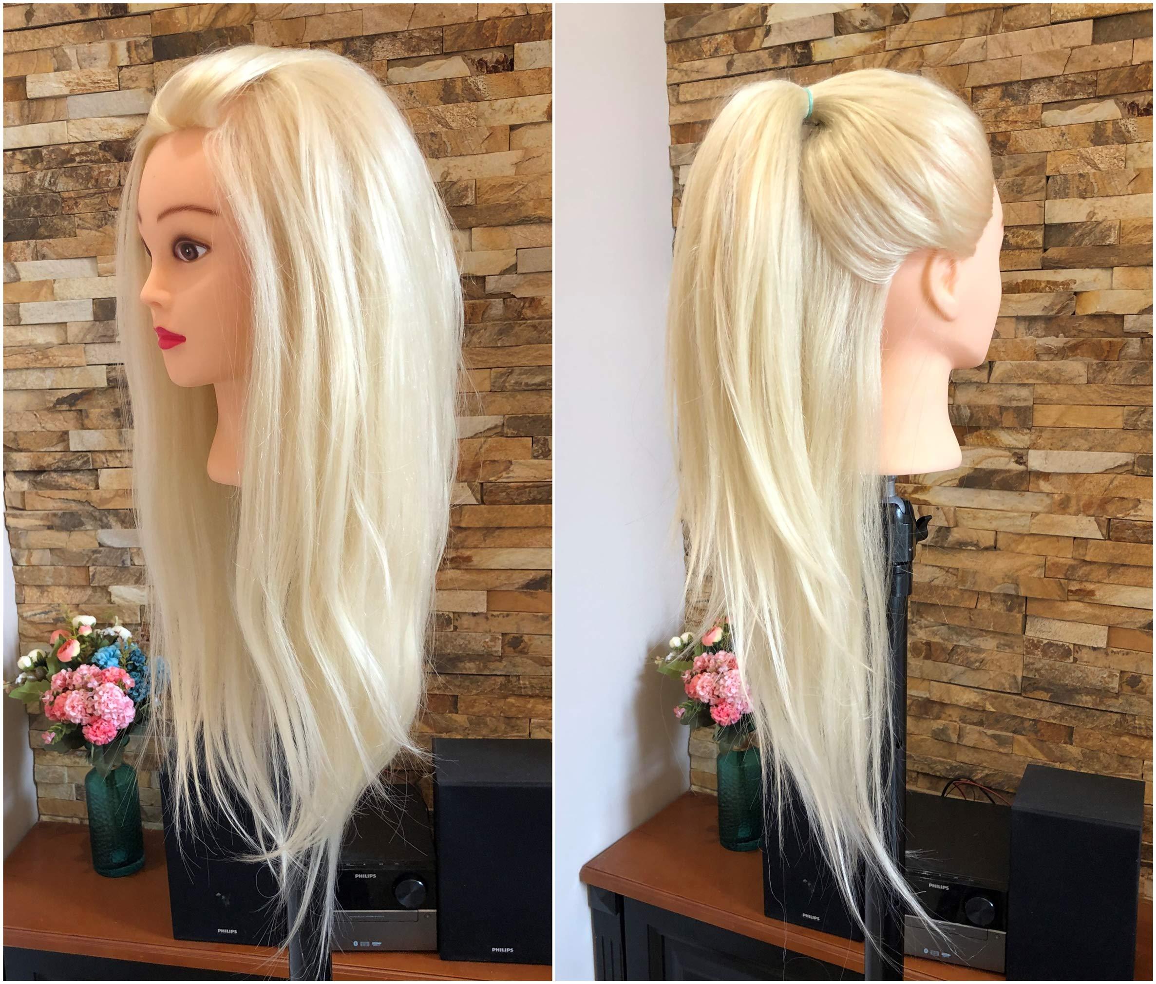 Devalook 24 Inches Professional Long 40% Soft Real Human Hair Hairdressing Equipment Styling Head Doll Mannequin Training Head Tools Braiding Cutting Student Practice Model Clamp (platinum blonde)
