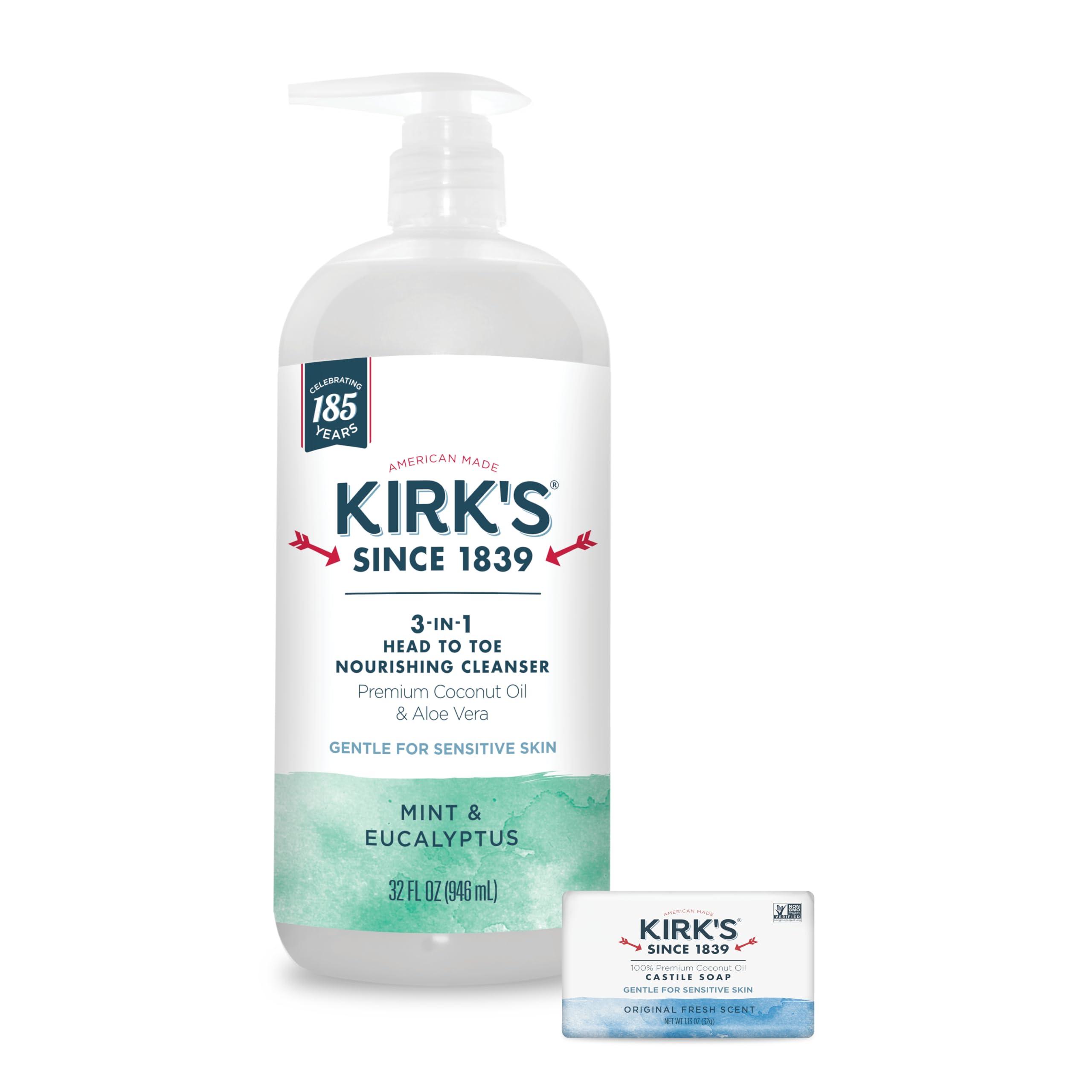 Kirk's Kirk\'s 3-in-1 Head to Toe Nourishing Liquid Cleanser & Travel Size Bar Soap - for Men, Women & Children - Premium Coconut Oil & Aloe Vera- Non GMO & Vegan -Mint & Eucalyptus - 32 Fl Oz