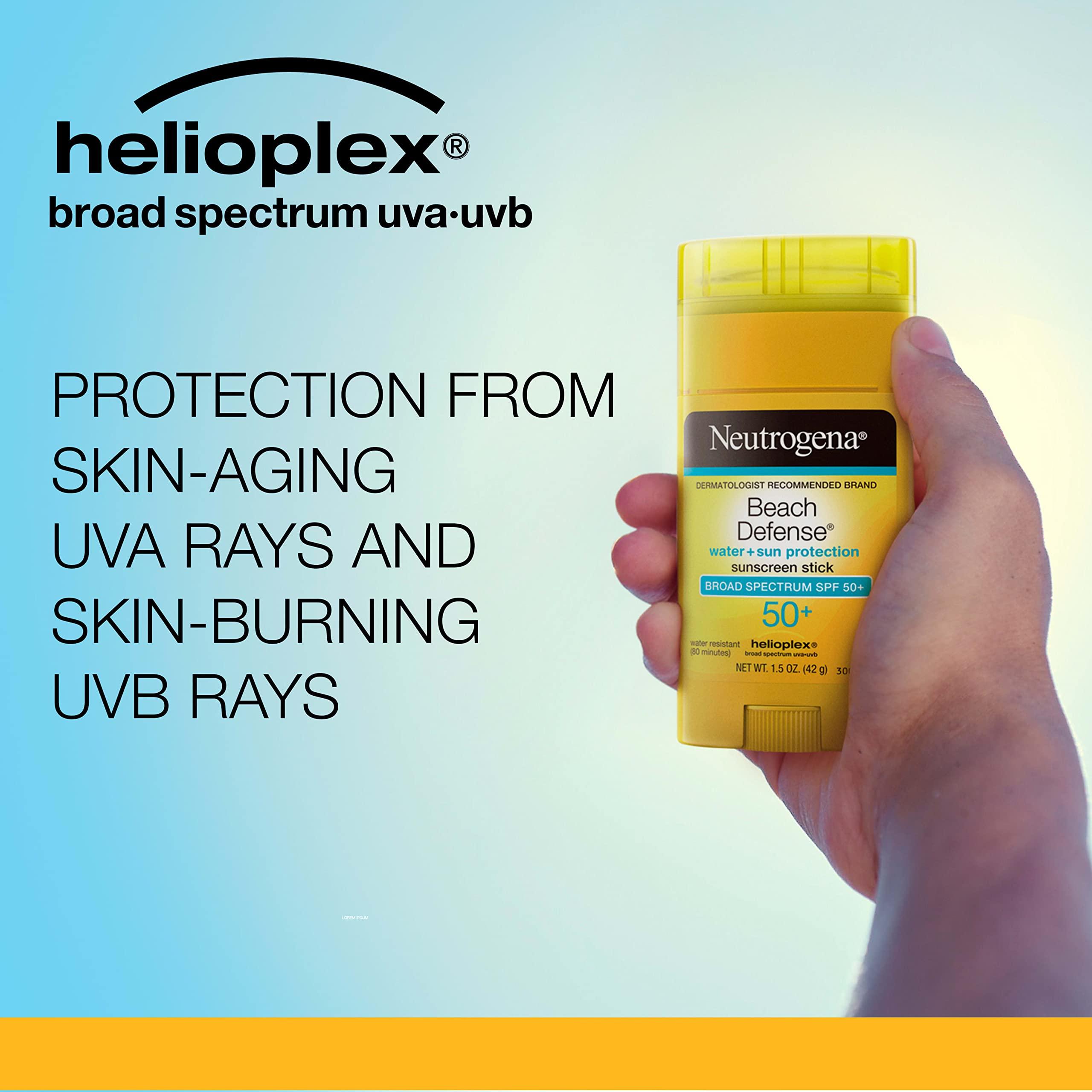 Neutrogena Neutrogena Beach Defense Water-Resistant SPF 50+ Sunscreen Stick, Broad Spectrum UVA/UVB Protection, PABA- & Oxybenzone-Free Face & Body Sunscreen Stick, Hands-Free Application, 1.5 oz