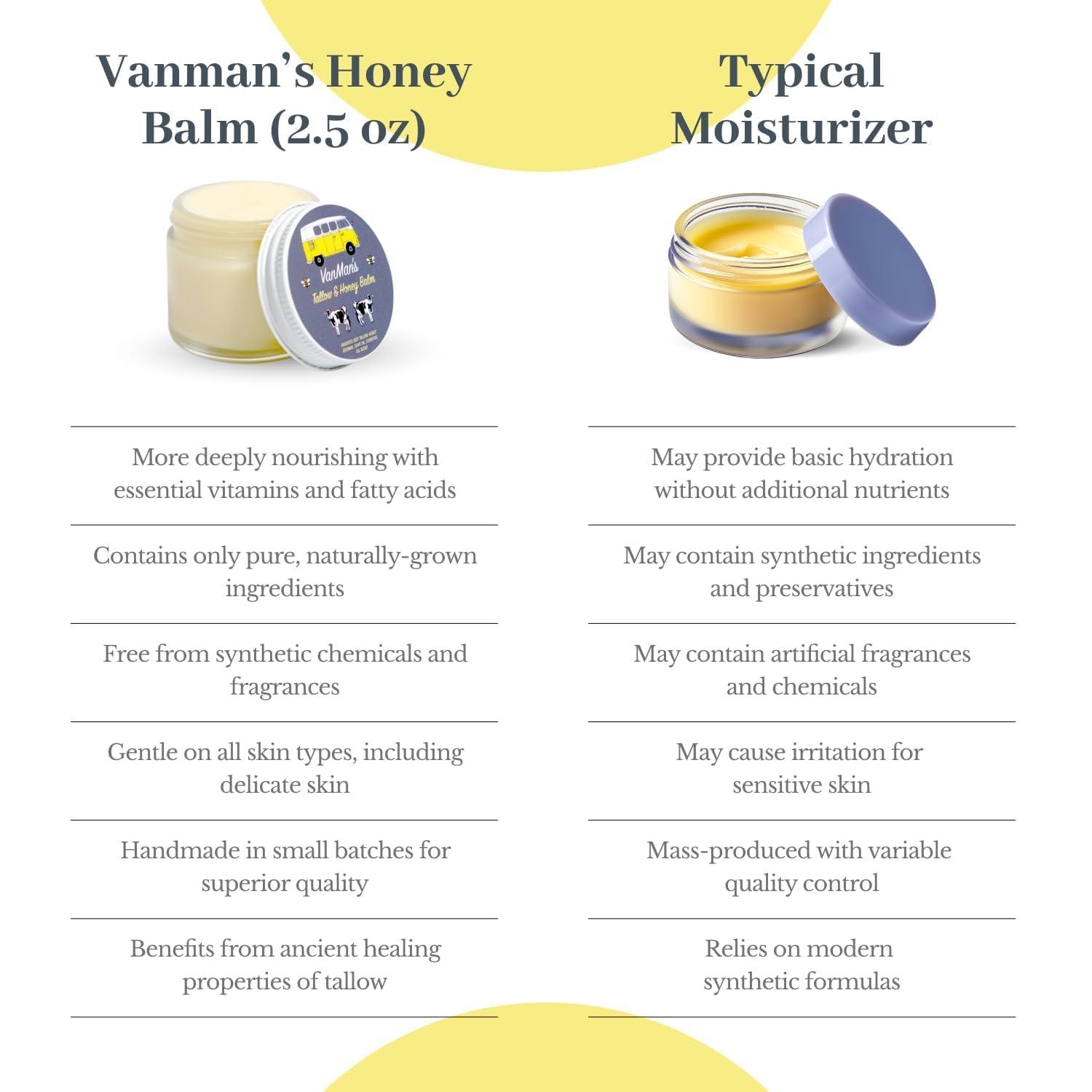 The Vanman Company Vanman\'s Tallow and Honey Balm With No Added Scent - Beef Tallow Face Moisturizer with Grass-Fed/Finished Beef Tallow for Skin, Organic Raw Honey and Beeswax, Cold Pressed Olive Oil - 2 oz