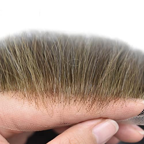 Just Hair Toupee for Men Hair Replacement Systems Swiss Lace Front Mens Toupee Bleached Knot Natural Human Hair Piece (5# Medium Light Brown, 7x9\"-90% Light Density)
