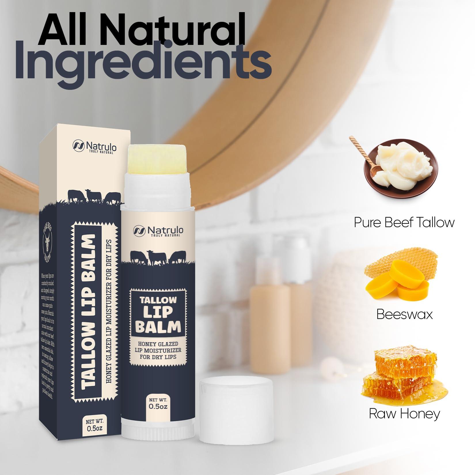 Natrulo Beef Tallow Lip Balm Natural Tallow Beeswax Chapstick Hydrating Moisturizer Grass Fed Bison Tallow Balm Lip Care Soothes Chapped, Dry Lips, Sensitive Skin Long Lasting & Vitamin Rich USA-Made