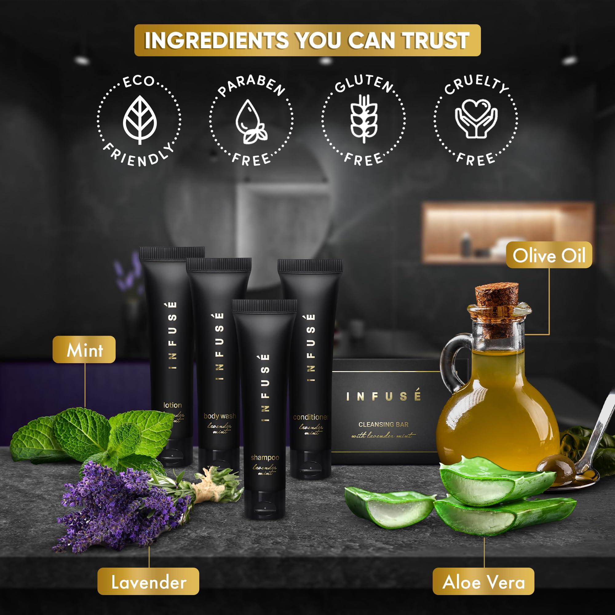 INFUS Infuse Black Amenity Kit | Boxed Hotel Toiletries | Bulk Set 1 oz Travel Size Shampoo, Conditioner, Lotion, Body Wash & Cleansing Bar for Guest Hospitality AirBnB/Vacation Rentals | 75 Pieces