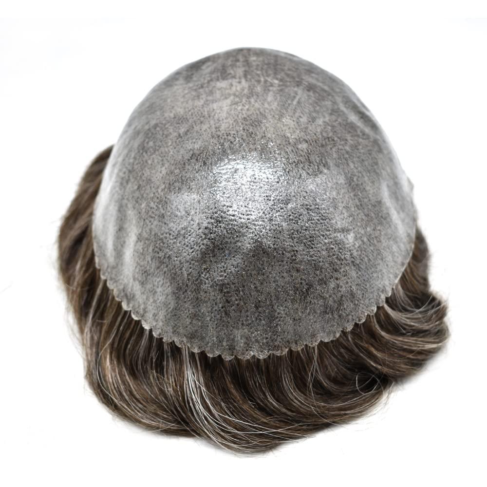 JUSTHAIR Toupee for Men Hair Replcement System Mens Toupee Full Poly Thin Skin Human Hair Piece All PU Injection Toupee Hair Systems (8X10", 340 3# DARK BROWN WITH 40% SYNTHETIC GREY)