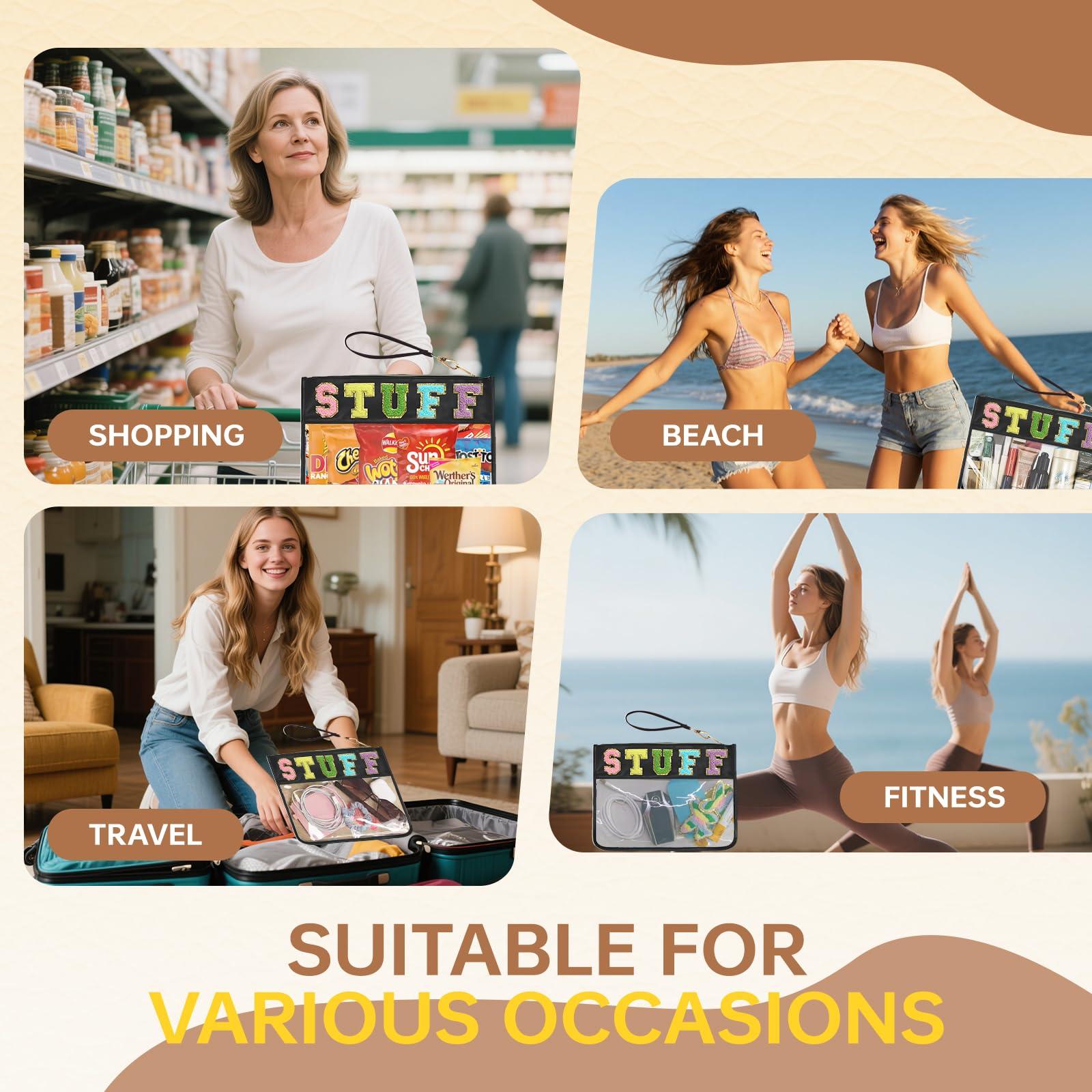 Burskit Burskit Chenille Letter Clear Zipper Pouch for Travel Preppy Stuff Bag Aesthetic Storage Organizer Pouches for Women with Glitter Patch Letters (Black-Stuff)