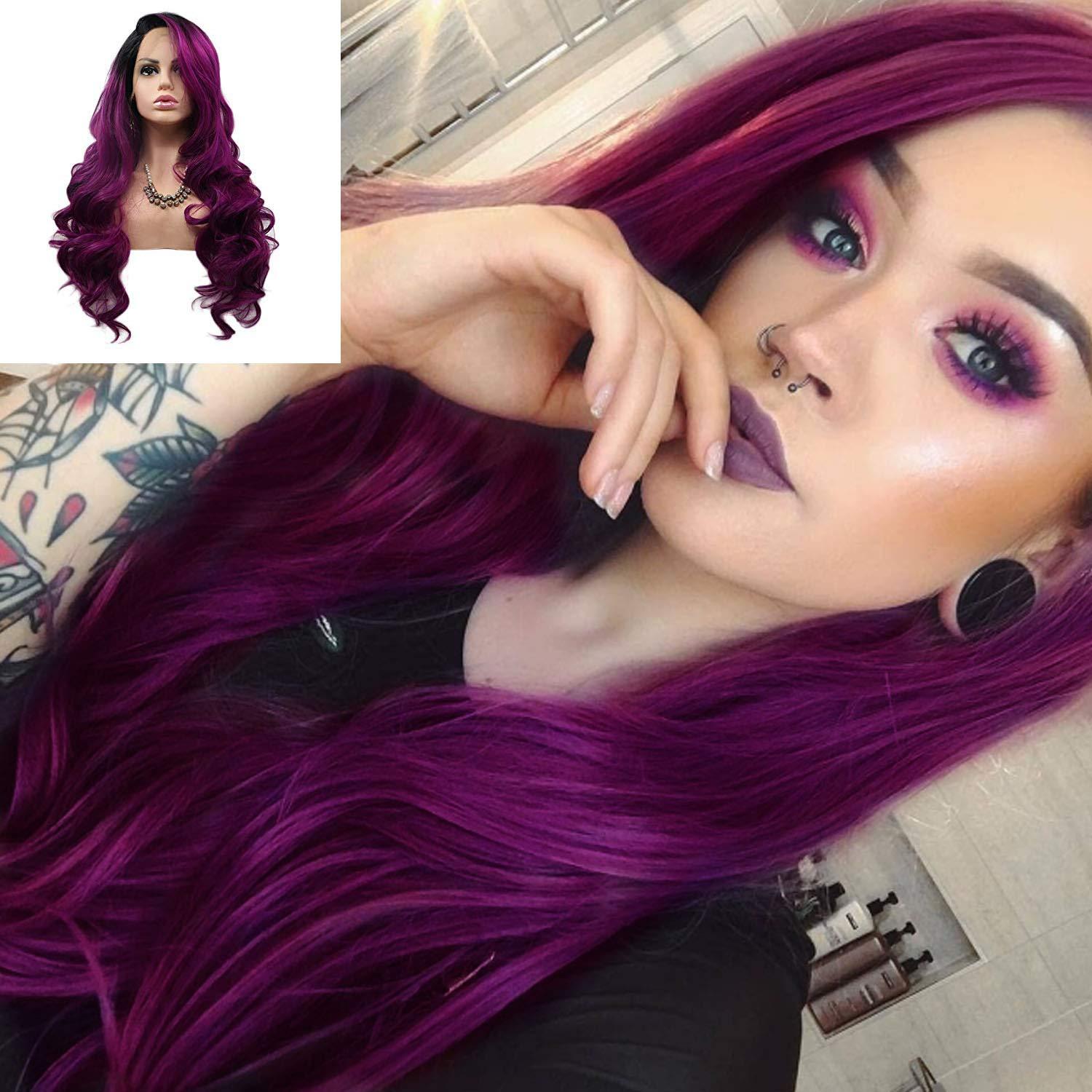 Karissa Hair Purple Lace Front Wigs for Women Body Wave Long Synthetic Realistic Hair Wig with Black Roots Glueless Hair Replacement Wigs 24 Inch