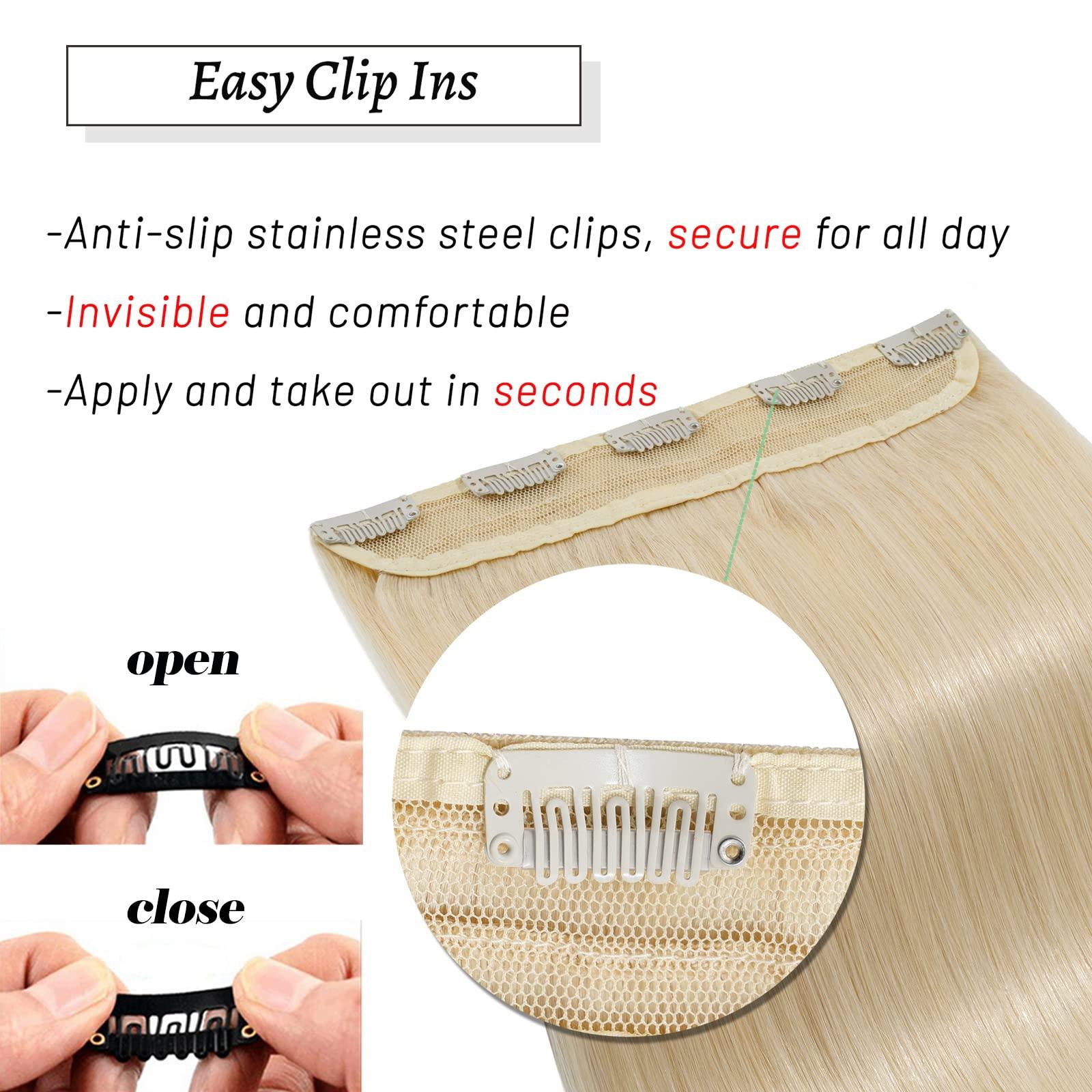 S-noilite S-noilite 1 Piece Clip in Human Hair Extensions 5 Clips 3/4 Full Head Clip on Remy Hair Extension For Women Lighter One-Piece Design Adding Hair Volume 16Inch 45g Platinum Blonde