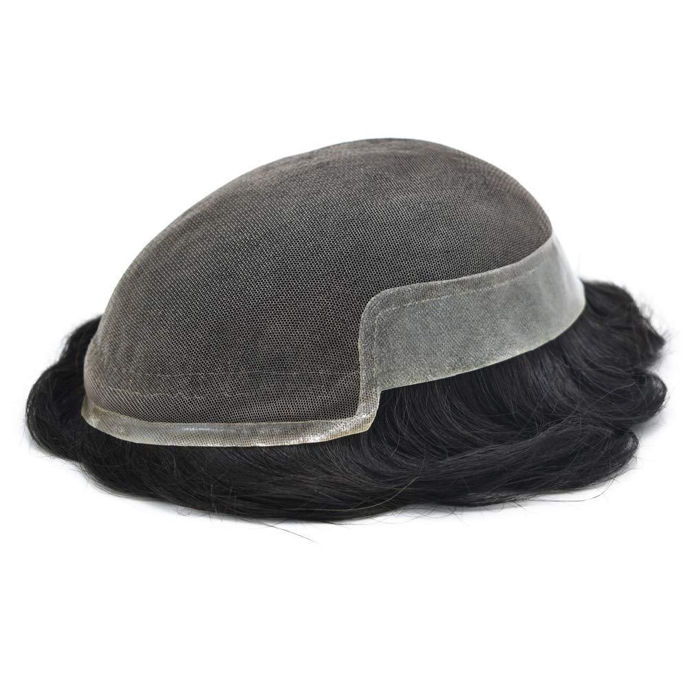 LHC Mens Toupee 100% European Real Human Hair Mens Hair Pieces Toupee For Men Front Swiss Lace Hair Replacement System For Men Breathable Mens Hairpiece Bleached knot Natural Hairline Hair Units For Men (7*9, #350 3# DARK BROWN WITH 50% SYNTHETIC GREY-10