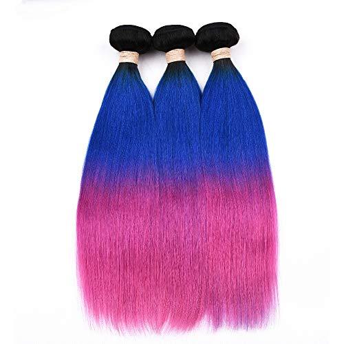 Tony beauty hair Tony Beauty Hair #1B/Blue/Pink Ombre Straight Human Hair 3 Bundles 300Gram Brazilian Human Hair Black Roots Blue to Pink 3 Tone Ombre Virgin Hair Weave Extensions Double Wefts (14 16 16)