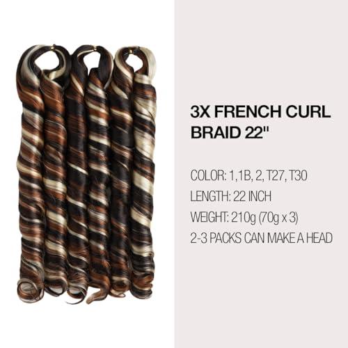 AU-THEN-TIC AU-THEN-TIC French Curly Braiding Hair 22 Inch French Curl Wavy Braids Spiral Curl Bouncy Braiding Hair for Goddess Box Braids Crochet Hair Extensions (9 Bundles (Pack of 3), P4/30/613)