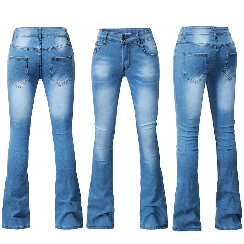 Andongnywell-Women Denim Pants Andongnywell Women's Slim Jeans Plus Size Stretchy Skinny Bell Bottom Bootcut Pant Fringed Trim Mid-Rise Jeans (Blue,XX-Large)