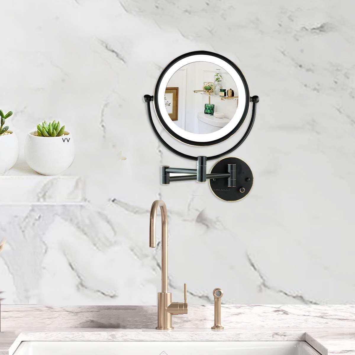 OVENTE OVENTE 9\" Lighted Wall Mount Makeup Mirror with 1X/7X Magnification, Double Sided Magnifying Vanity Mirror, LED Glow Light, 360 Swivel Design, Extendable & Folding Arm, Rubbed Bronze MPWD3185BZ1X7X