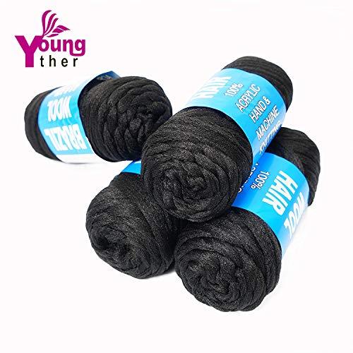 Youngther 100% Brazilian Wool Hair Acrylic Yarn for African Braids/Senegalese Twist/Faux Locs/Wraps with Crochet Hook(4 Roll, Natural Black)