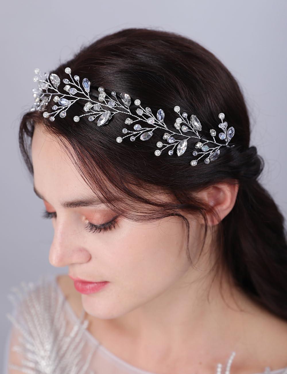 Jumwrit Jumwrit Crystal Wedding Headband Shiny Rhinestone Hair Pieces Pearl Bridal Headpiece for Women and Girls Handmade Bridal Hair Accessories for Brides Bridesmaids (Silver)