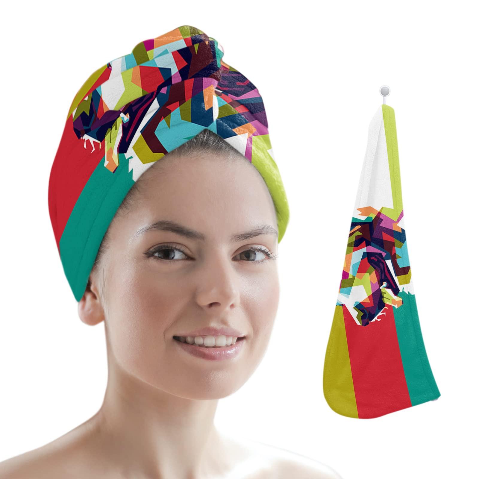 LEOSUCRE LEOSUCRE Microfiber Hair Towel Wrap Ultra Absorbent Hair Cap, Doodle Dog Hair Towel with Buttons Hair Drying Towel Turban Bath Hair Wrap for Woman 26x10in Abstract Art Geometry Splicing Animal