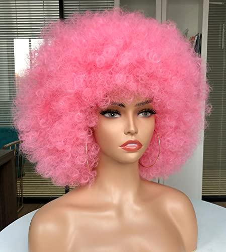 CURLCRAZY CURLCRAZY 70s Afro Wig with Bangs Short Afro Kinky Curly Wig for Black Women Large Bouncy and Soft Natural Looking Halloween Party Christmas Cosplay Wigs (Pink)