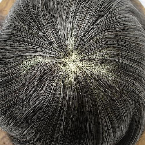 Hair Wonders Toupee for Men Real Human Hair Piece Replacement Systems French Lace Hair Pieces Pu Around Hair Unit for Men Lace Hair System Hair Prosthesis Man8*10\"-120% density#1B50 Off Black + 50% Gray