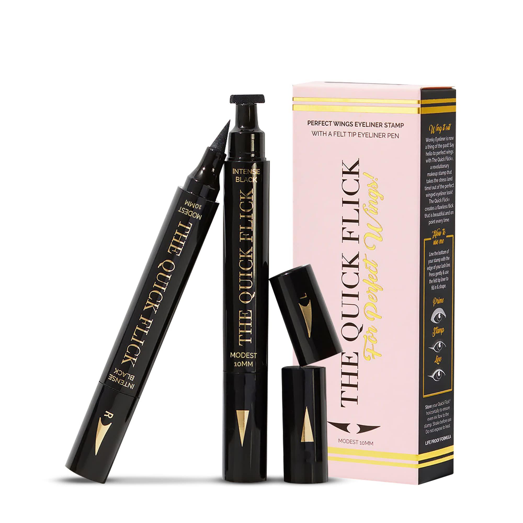 The Quick Flick The Quick Flick Winged Eyeliner Stamp Waterproof & Smudge Proof Vegan Cat Eye Stamp Eyeliner 4mm Thick Winged Stamp & 10mm To the Point Felt-Tip Hypoallergenic Eyeliner Pen (Intense Black-2 Pen)