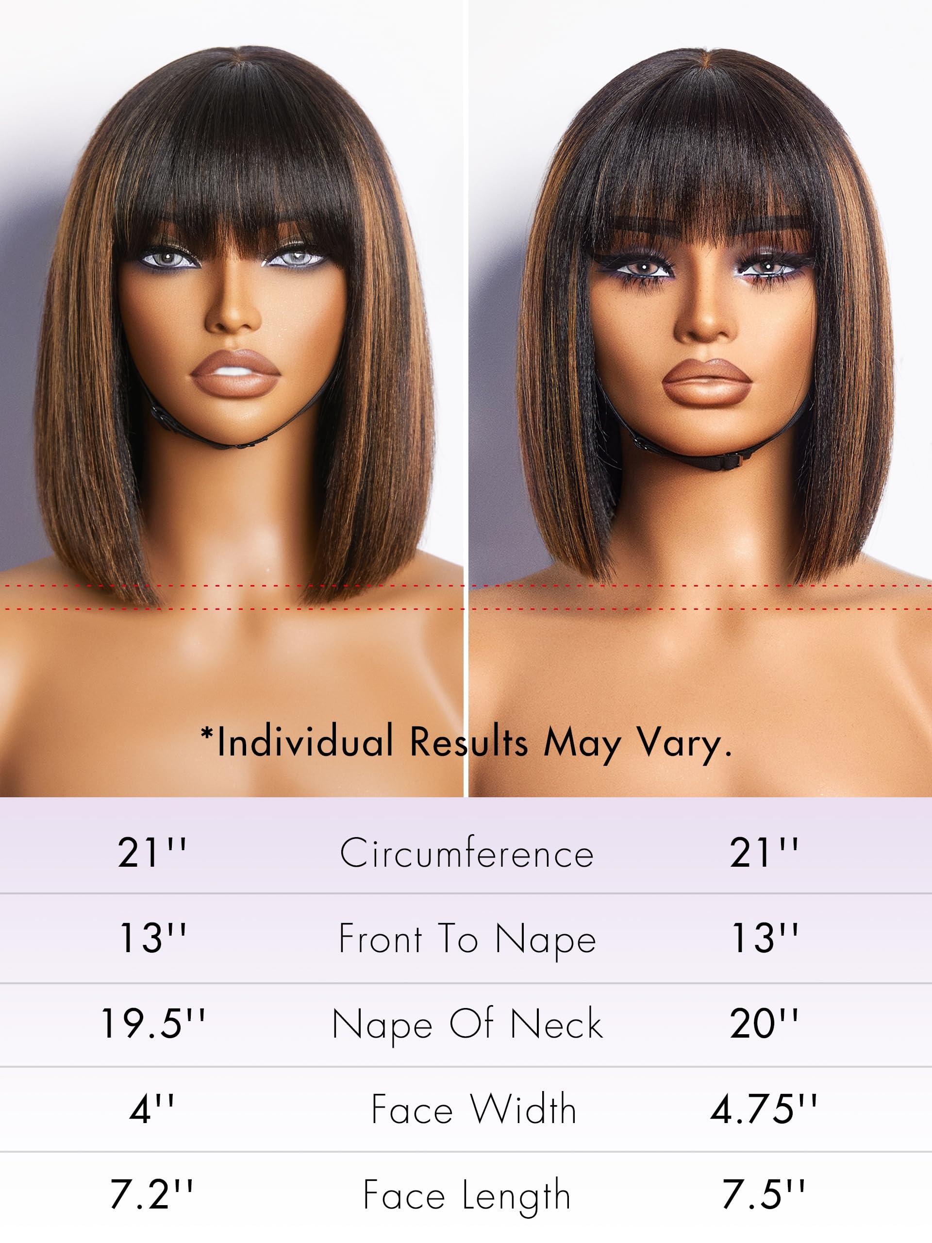 LUVME HAIR LUVME HAIR 10 Inch Yaki Straight Bob Wig with Bangs Human Hair Glueless HD Lace Bob Wig with Brown Highlights, Ready to Go Short Wigs For Women 180 Density (Breathable Cap)