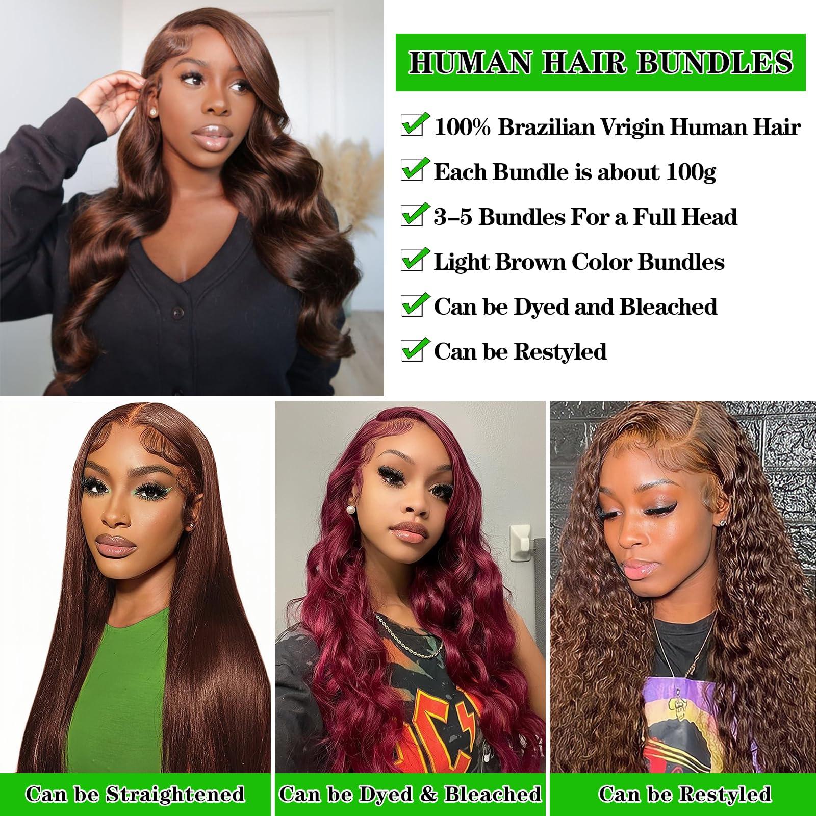 Kapelli Hair Kapelli Hair Brazilian Body Wave Bundles with Closure (12 14 16+12) 10A Light Brown Body Wave Human Hair Bundles with Lace Closure Brazilian Virgin Hair 3 Bundles with Lace Closure with Baby Hair
