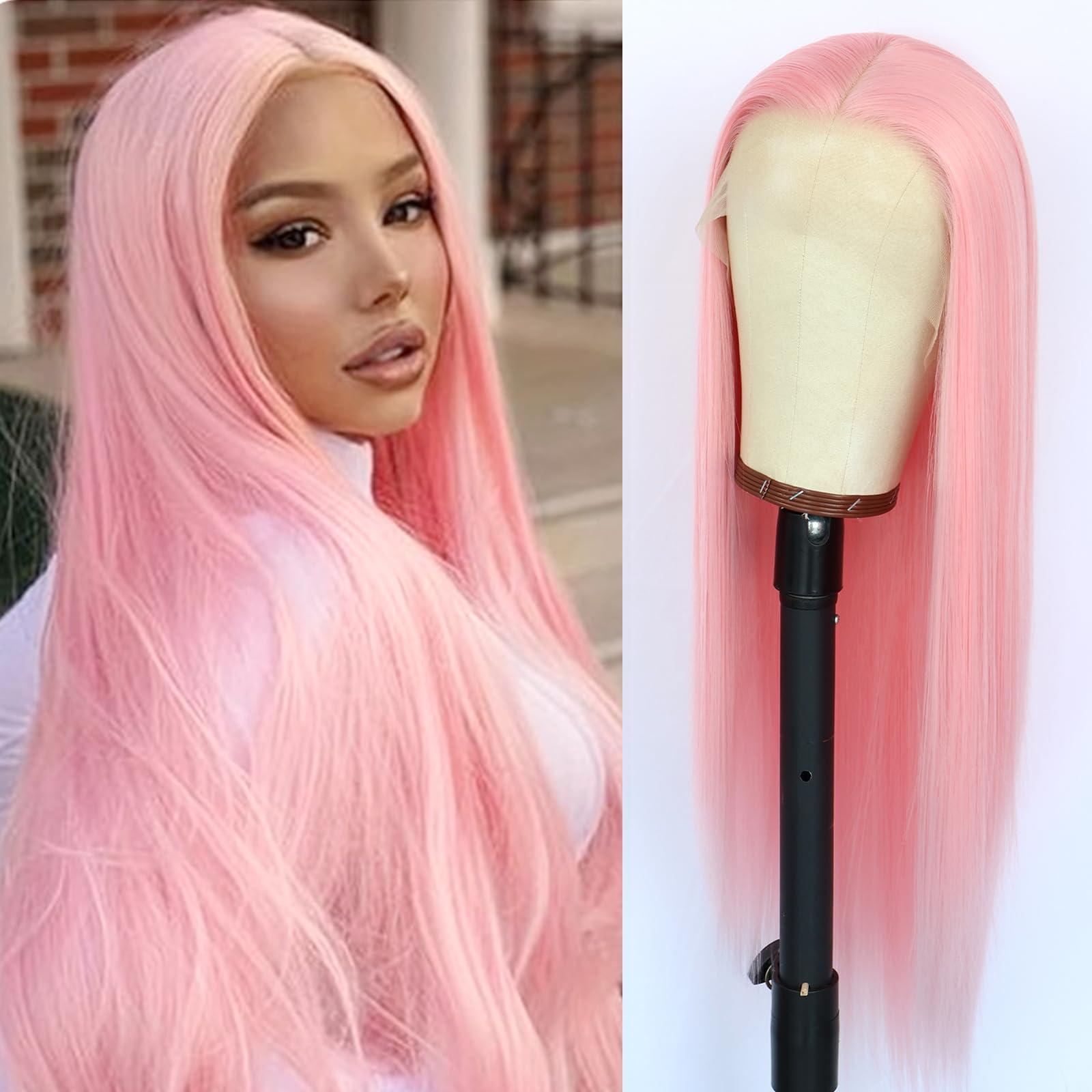 Oxeely Oxeely Light Pink Synthetic Lace Front Wigs Long Straight Hair Pink Lace Wigs Natural Hairline Pre Plucked Glueless Synthetic Lace Wigs Heat Resistant Fiber Hair Light Pink Wigs for Women Daily Wear
