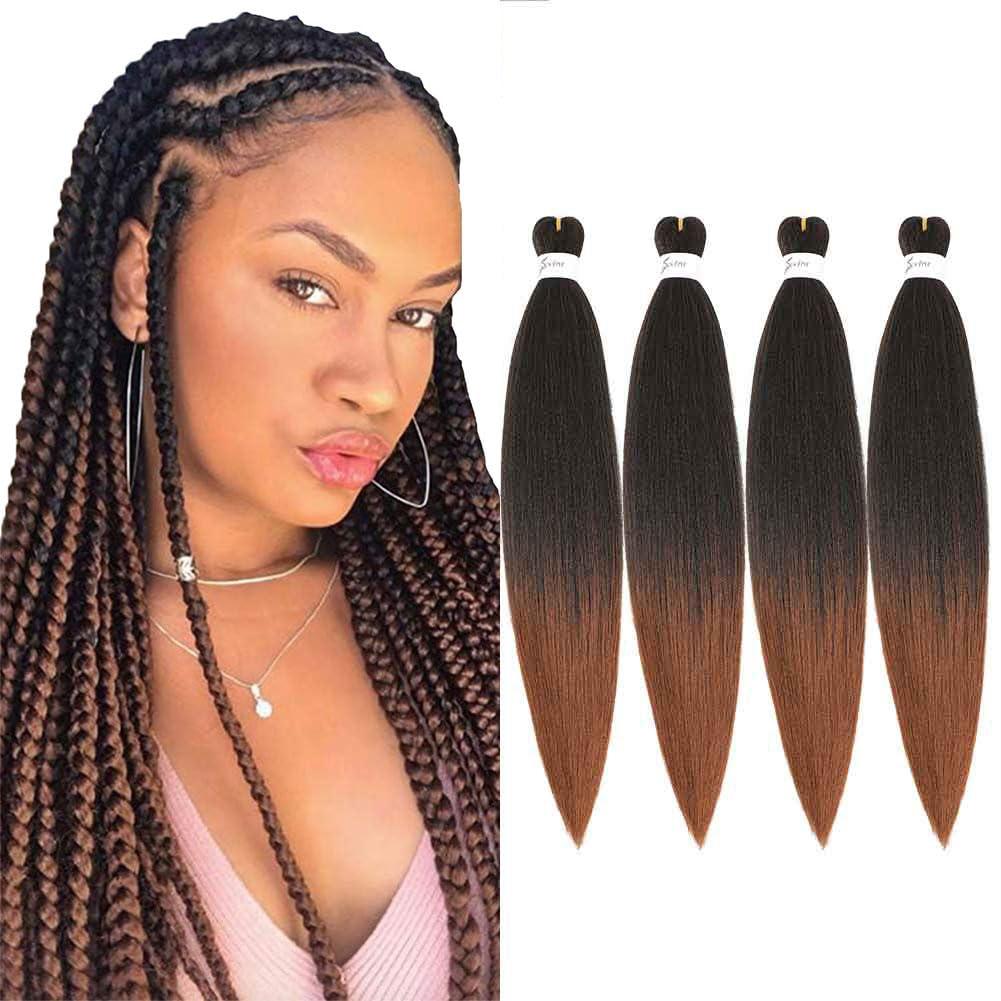 SOKU Pre-stretched Braiding Hair 4 Packs- 24 Inch Ombre Brown Braiding Hair Yaki Straight Prestretched EZ Braids Hot Water Setting Ombre Aurburn Professional Soft Synthetic Hair Extensions