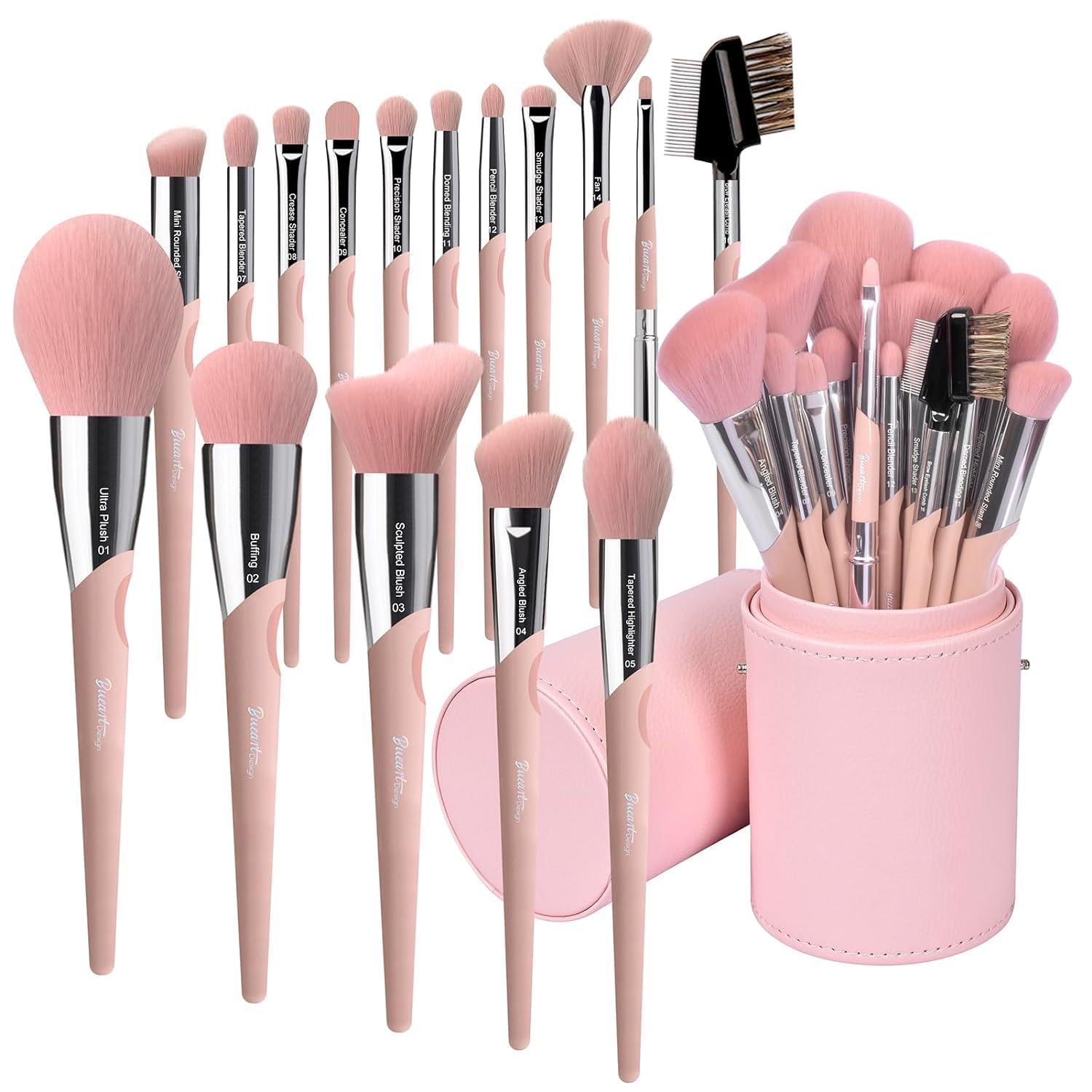 Bueart Design Bueart design 16Pcs ULTRA SOFT Labeled Best Makeup Brushes set with Travel Holder case face Contour Foundation brushes (16Pcs Elegant+Pink Holder)