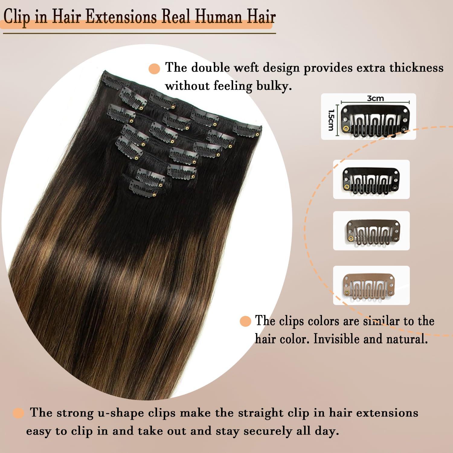 Houlud Highlight Clip in Hair Extensions Real Human Hair 14 Inch 7pcs 120g Brown Black Remy Human Hair Extensions 16 Clips Ins Seamless Double Weft Straight Human Hair Clip In Hair Extensions for Woman