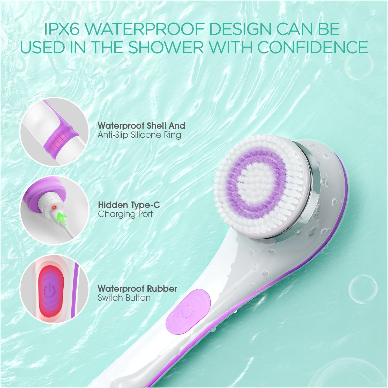 VOYOR VOYOR Electric Body Brush Back Scrubber for Shower Rechargeable Exfoliating Bath Brush Powered Shower Brush with Non-Slip Long Handle Deep Cleansing, Exfoliation, Massaging Spin Brush BC100 (Purple)