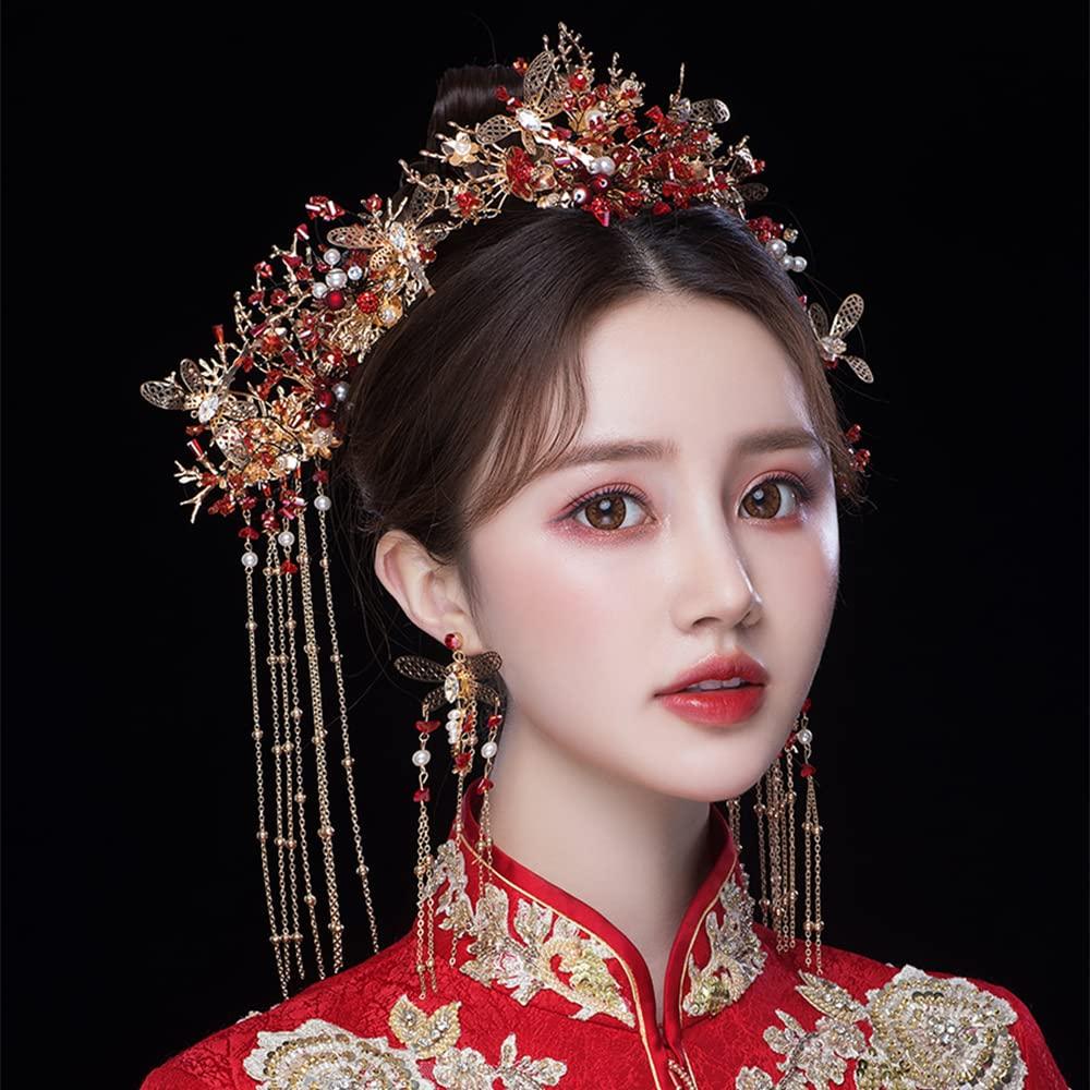 Getrelax Getrelax Chinese Wedding Bride Hair Accessory Chinese Crown Wedding Hair Accessories Red Flower Floral Beaded Flapper Headband Jeweled Bridal Wedding Tiara