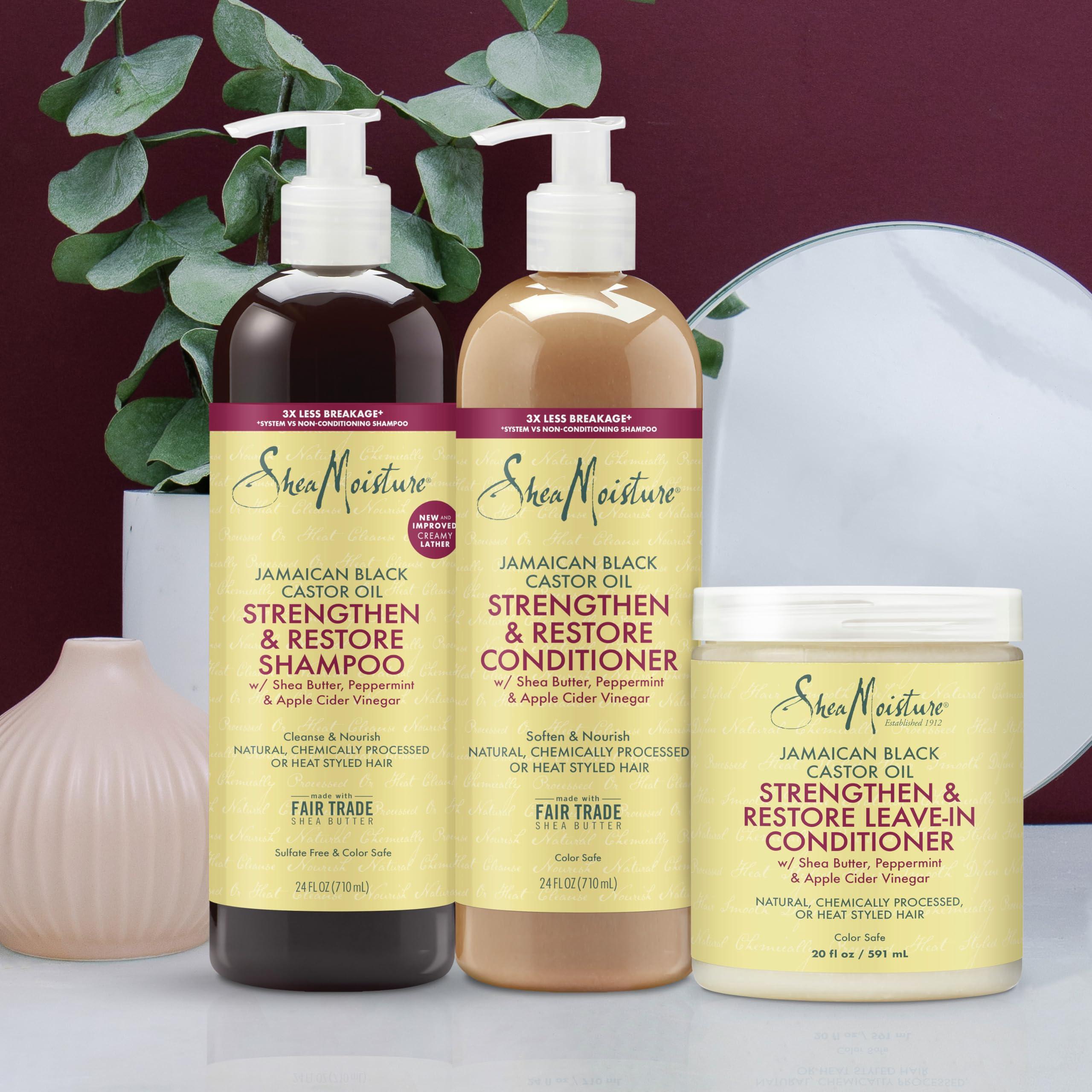 SheaMoisture SheaMoisture Strengthen & Restore Shampoo, Conditioner & Leave-In Bundle Jamaican Black Castor Oil 3 Pack to Cleanse & Nourish Dry, Damaged Hair