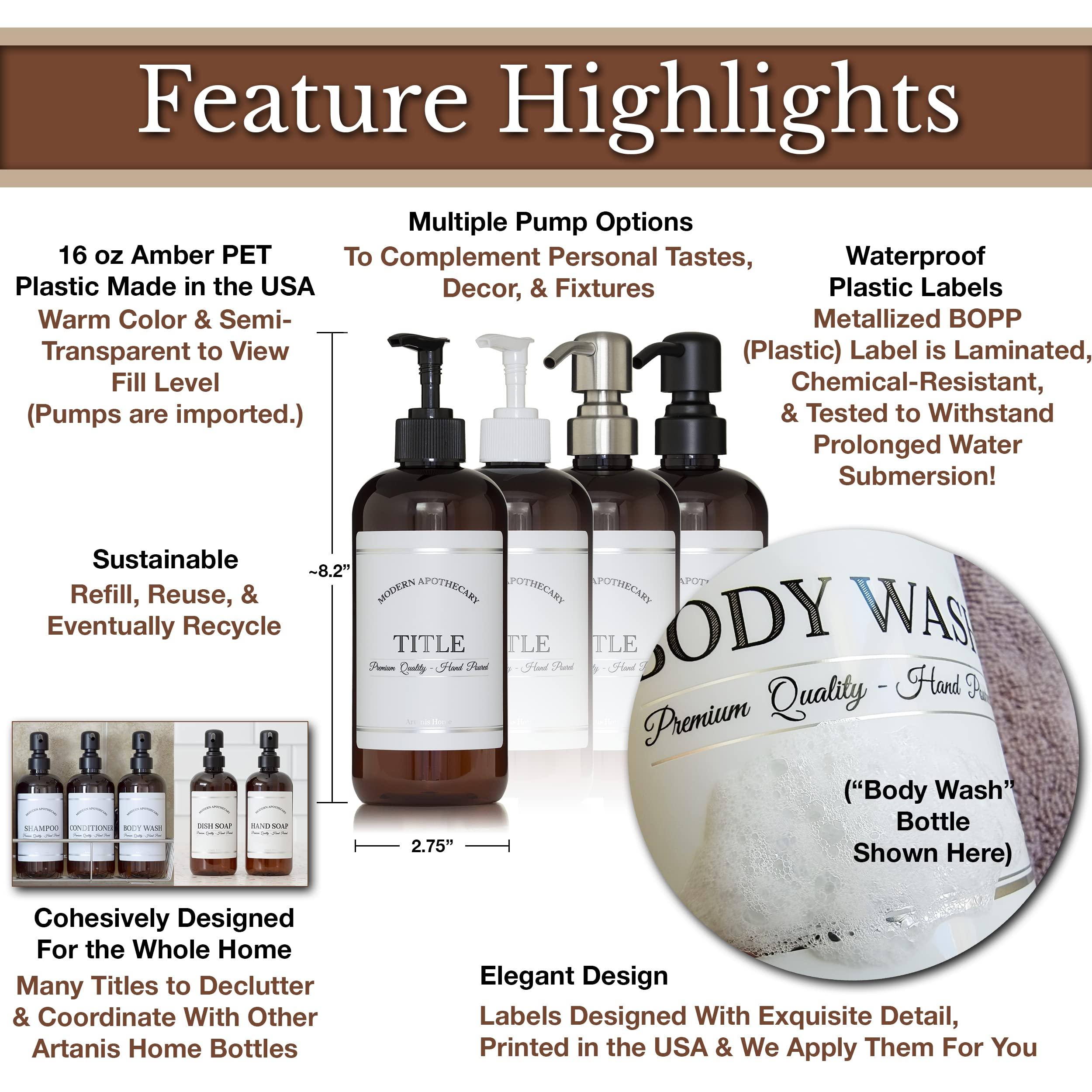 Artanis Home Amber Refillable Shampoo and Conditioner Bottles - Body Wash, Shampoo and Conditioner Dispenser - PET Plastic Shampoo Bottles Refillable with Pump - Waterproof Labels - 16 oz, 3 Pack (Black Satin)