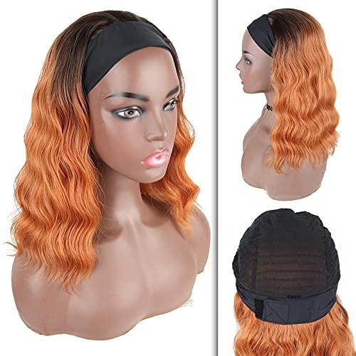 Oseti Oseti Short Wavy Bob Wig Headband Wigs for Black Women,Synthetic Curly Wavy Wigs with Headband Attached Black Hair Wig Headwrap Wigs 2in1 Natural Womens Wigs 14inch Medium Length Wig… (Ombre Ginger)