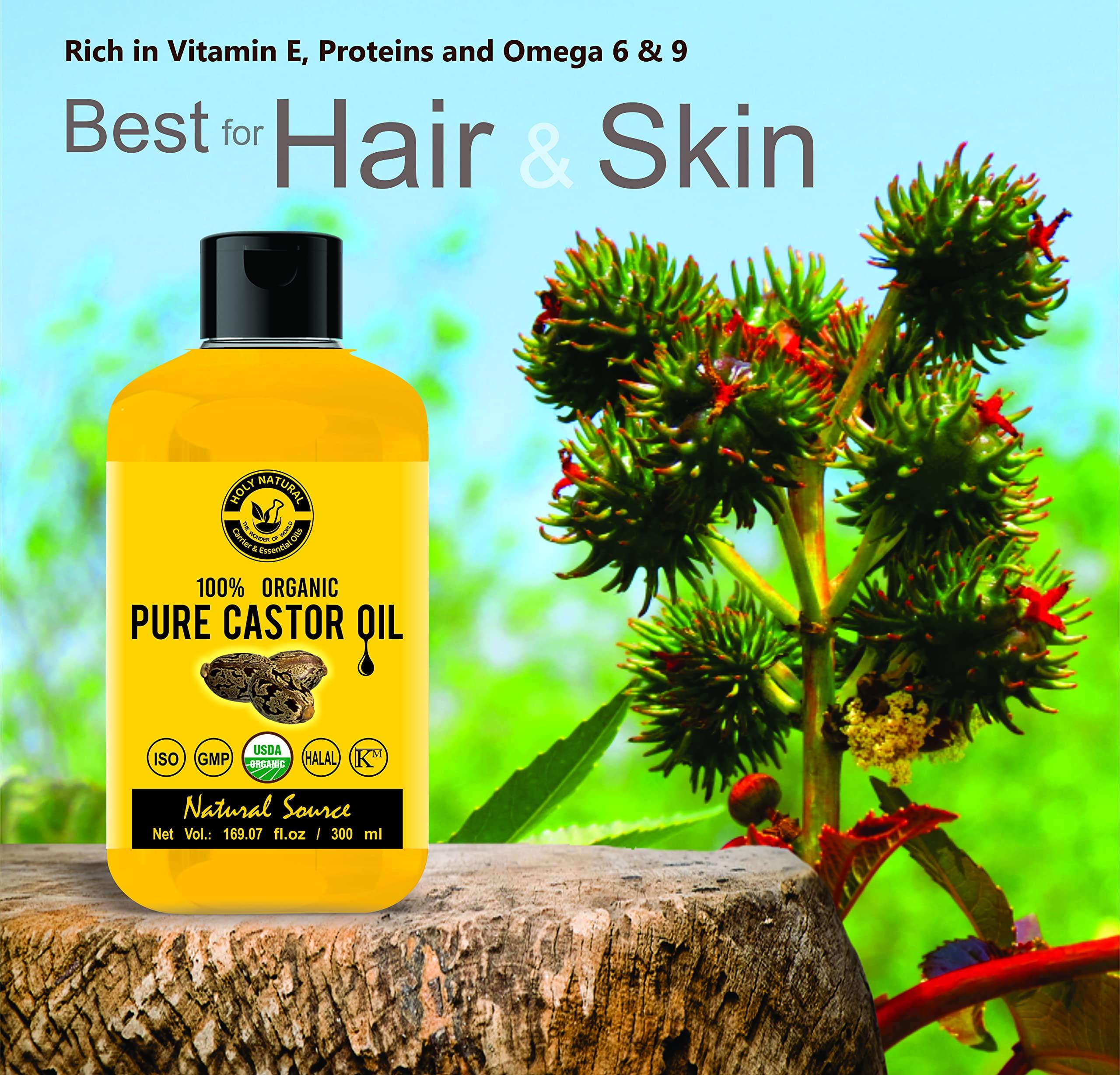 Holy Natural - The Wonder of World Organic Pure Castor Oil (10.15 floz/300 ml) USDA Certified Cold-Pressed, 100% Pure, No GMO, No Heat treatment, Hexane Free Moisturizing & Healing, For Dry Skin,Hair Growth, Massage, Lash Growth