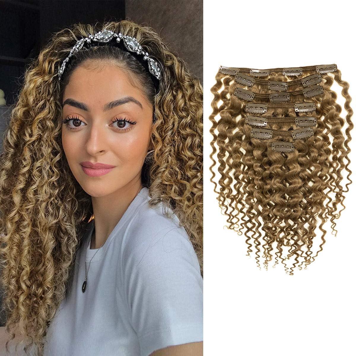 Anrosa Anrosa Clip in Human Hair Extensions Jerry Curly Full Head 3B 3C Curly Clip In Hair Extensions Strawberry Blonde Remy Human Hair Curly Hair Extensions for Black Women 18 Inch 120g 7 Pieces
