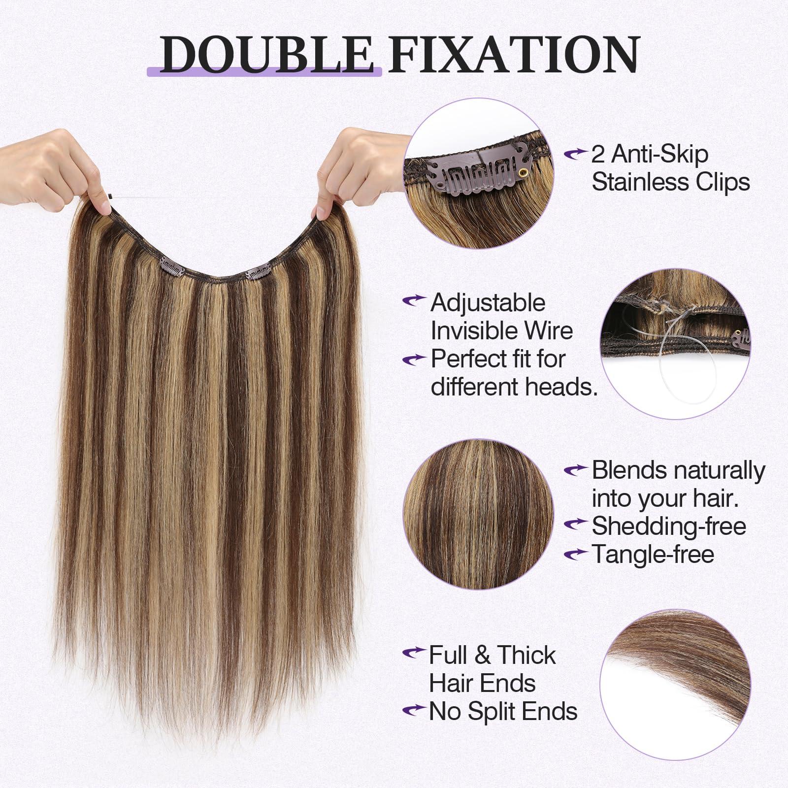 prokyvity Halo Hair Extensions Real Human Hair,Prokyvity 100% Human Hair Halo Extension,Halo Extensions Real Human Hair,Halo Hair Extension,Halo Hair 4P27 Medium Brown Mixed Dark Blonde 16inch
