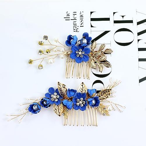 inSowni inSowni 20 Pack Classic White Dusty Pink Blue Flower Bridal Wedding Hair Side Combs+U-shaped Flower Hair Pins+Twist Spiral Pearl Hair Pins Pieces Headpieces Accessories for Brides Bridesmaids Women