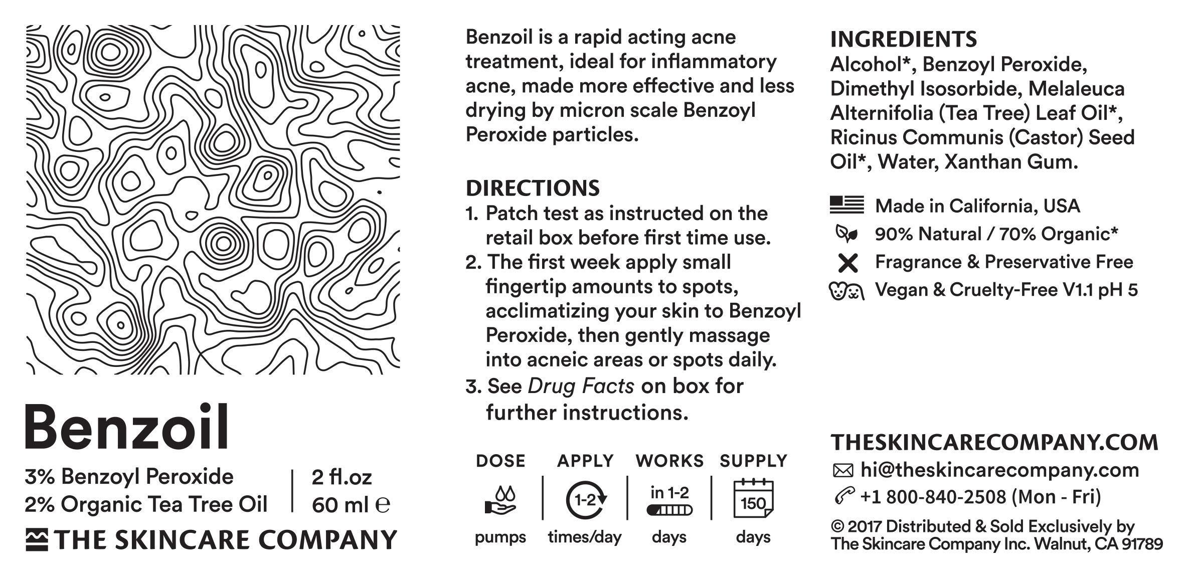 THE SKINCARE COMPANY Benzoil - 3% Benzoyl Peroxide & 2% Tea Tree Oil Rapid Acne & Spot Treatment Serum - 70% Organic, Preservative-Free, Normal & Cystic Acne - 2 oz
