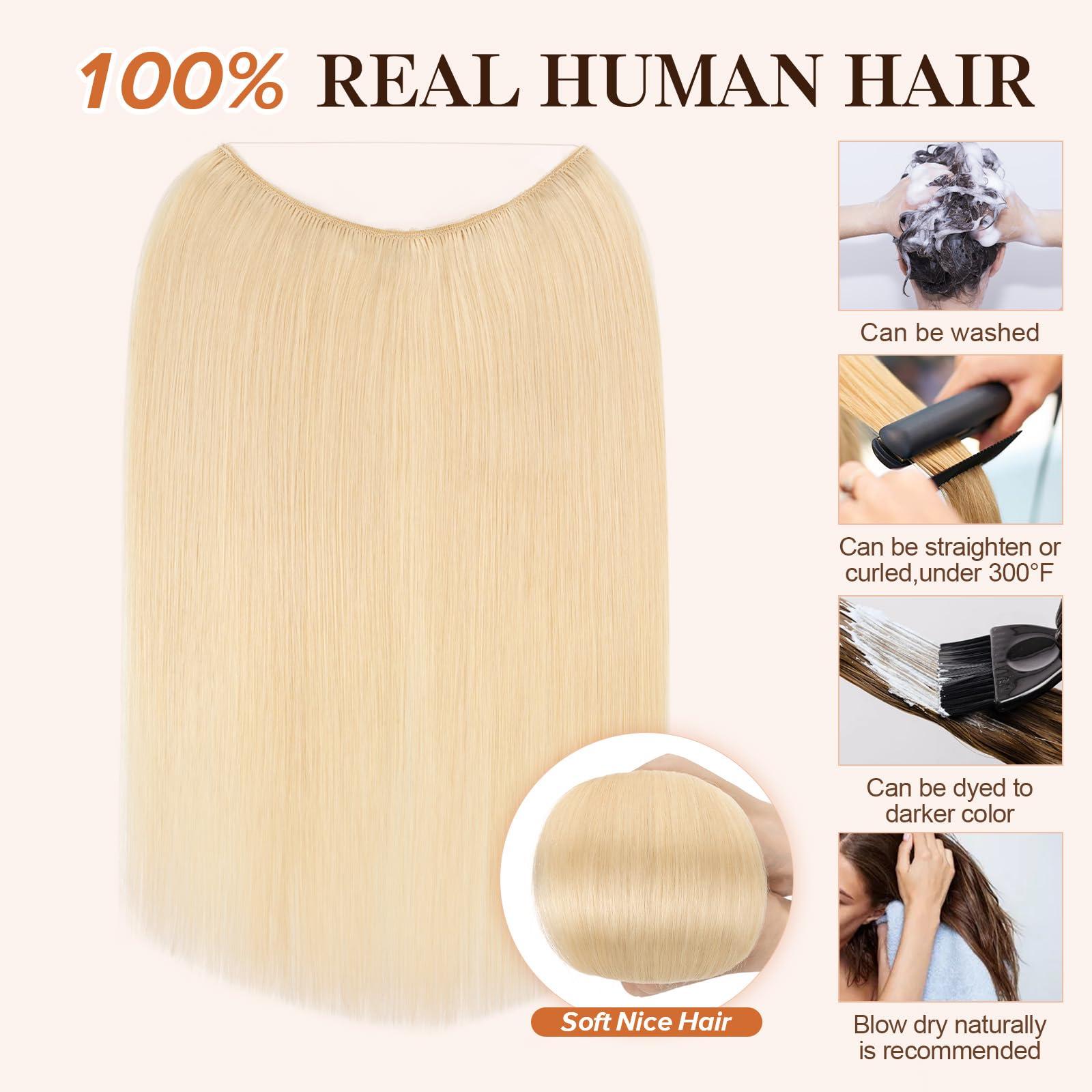 S-noilite Halo Hair Extensions Real Human Hair,S-noilite Halo Hair Extensions,Halo Hair Extension for Women,100% Human Hair Halo Extensions,Halo Hair 75g/22inch 60 Platinum Blonde