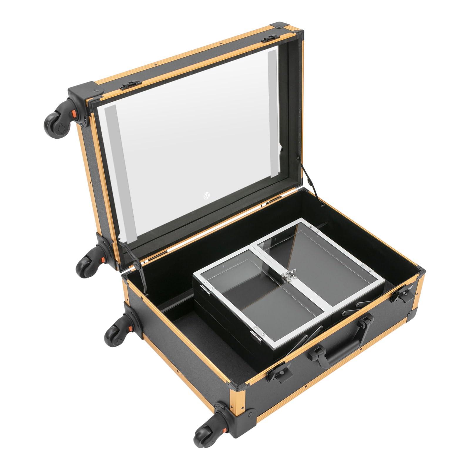 SAHUANIYE Rolling Makeup Train Case, Professional Trolley Makeup Organizer, Professional Cosmetology Case On Wheels, Portable Makeup Station w/ Lighted Mirror, Cosmetician Make Up Box Travel Vanity Station