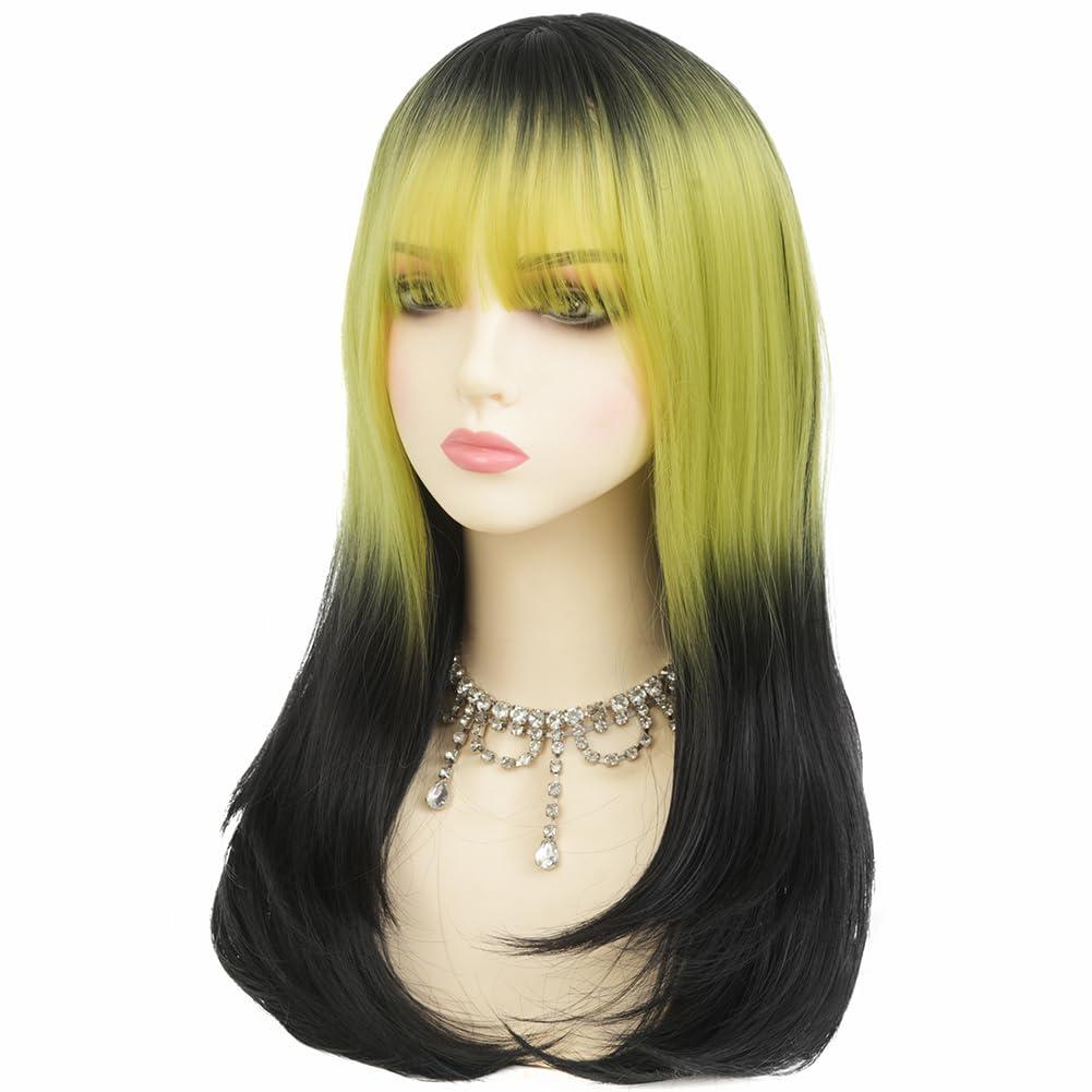 Dai Cloud Dai Cloud Womens Black to Green Long Straight Wig with Bangs Ombre Green Synthetic Natural Hair Wig for Daily Cosplay Halloween Use