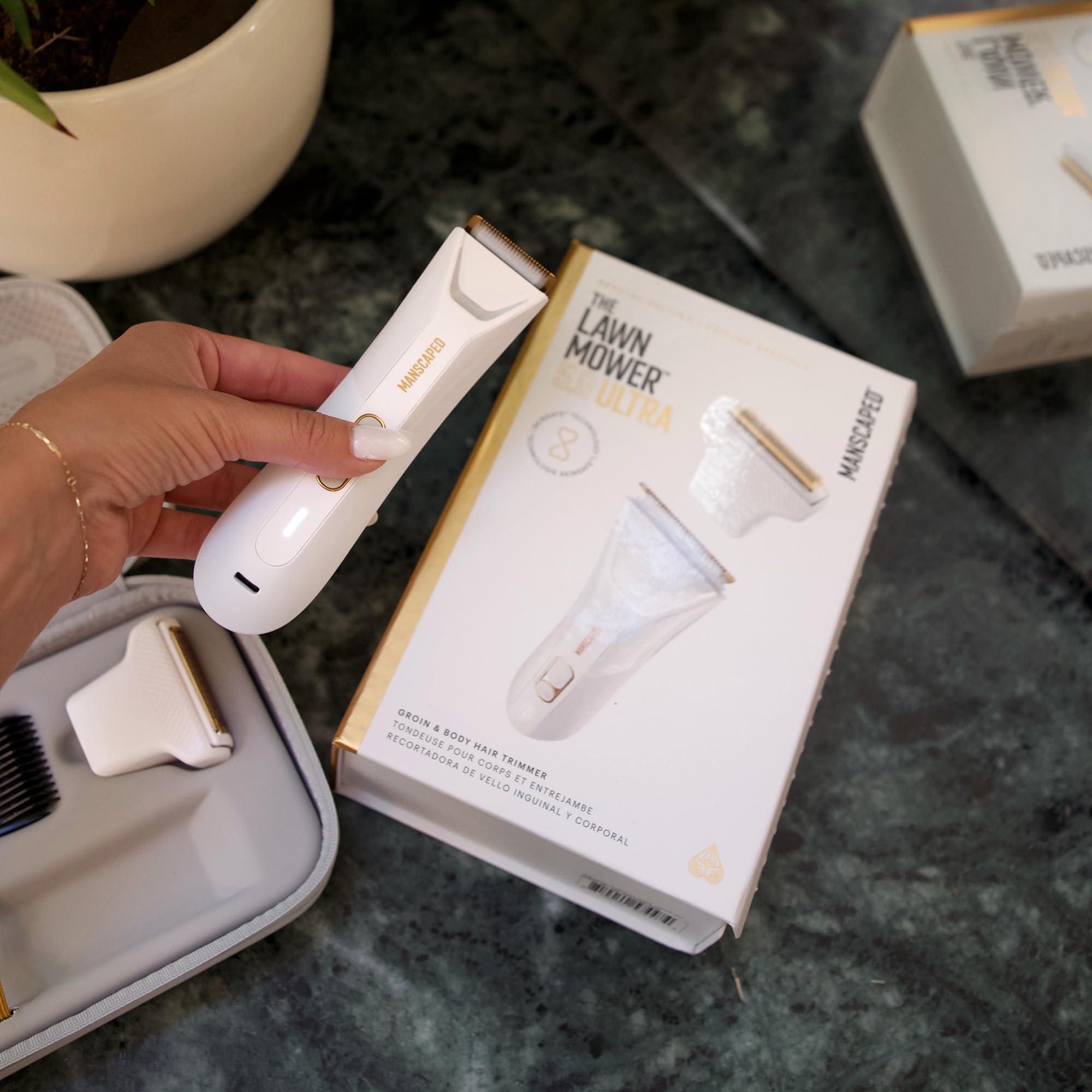 MANSCAPED MANSCAPED The Lawn Mower 5.0 Ultra Men\'s & Women\'s Groin & Body Hair Trimmer Dual-Head SkinSafe Trimmer & Foil Blades, Waterproof Wet/Dry Groomer, USB-C Rechargeable with Travel Case, White