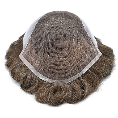 Generic Toupee For Men Swiss Lace Hair System Real Human Hair Piece Swiss Lace Front Mens Toupee Bleached Knots Natural Hairline Men Hair Replacement Sytems US Stock. (8X10\"-90% light to medium density, 5# MEDIUM LIGHT BROWN)